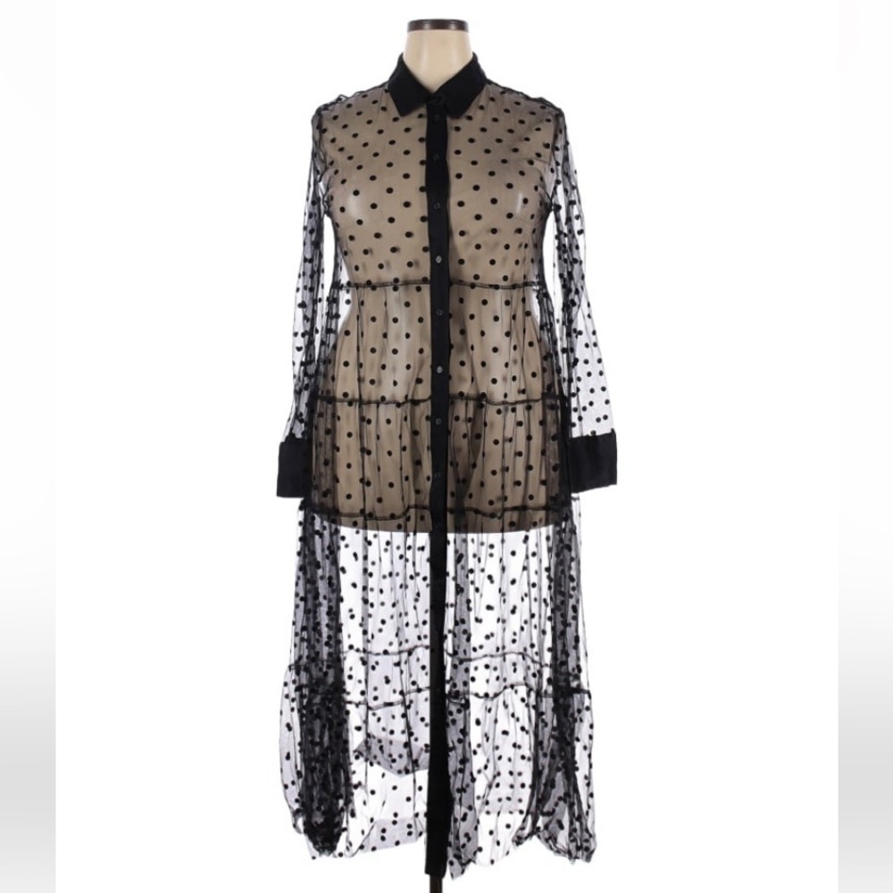 Zara Sheer Dot Midi Collared Long Sleeve - Picture 3 of 16